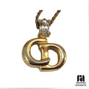 Dior Gold-Tone Interlocking CD Pendant Necklace with Clear Crystal
